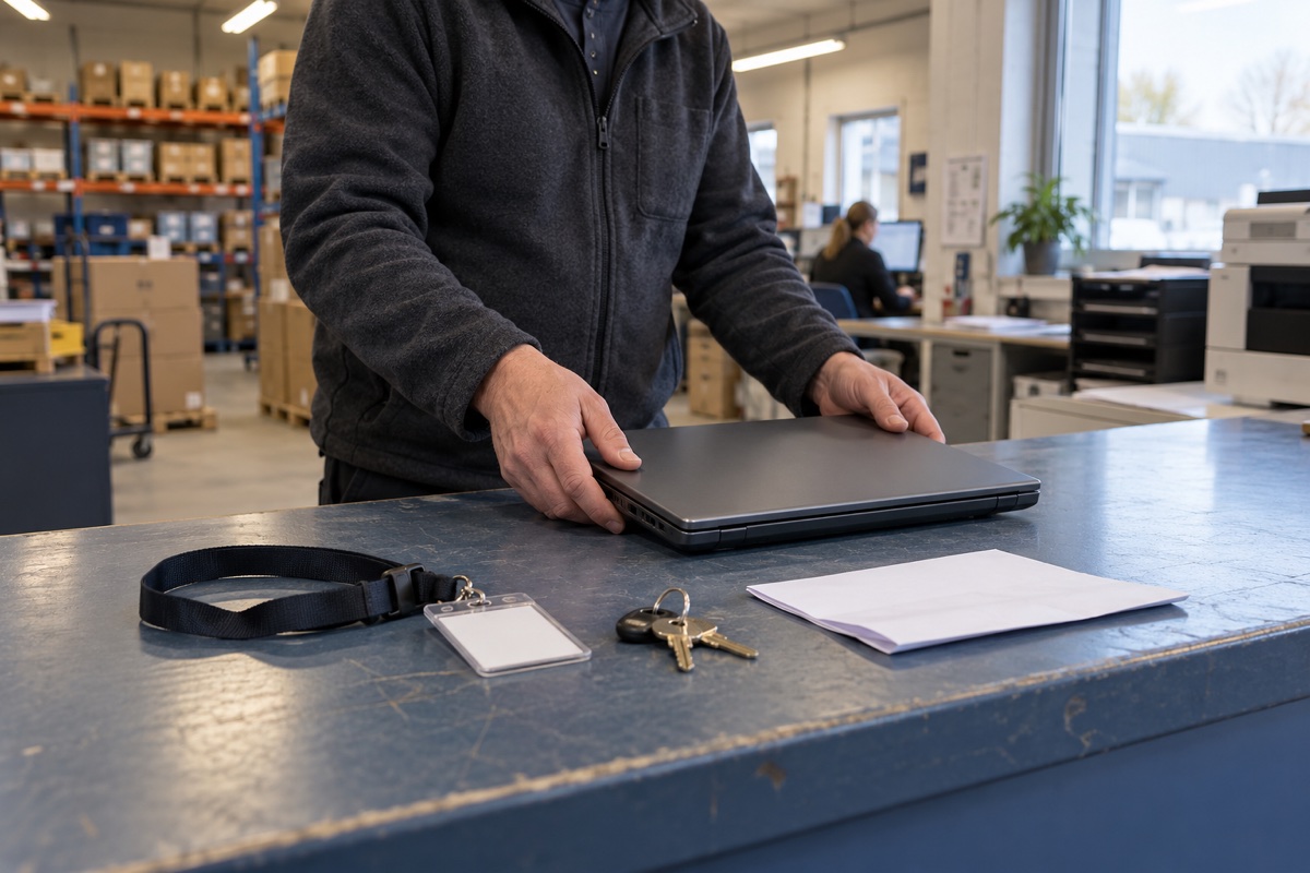 En medarbejder afleverer en bærbar computer ved en disk med adgangskort og nøgler