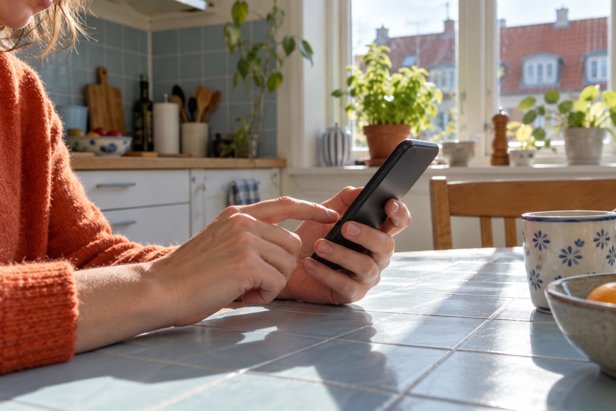 En person undersøger sin telefon ved et køkkenbord i dagslys.