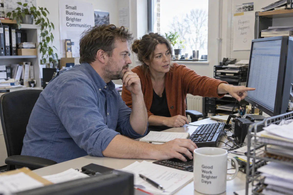 To kolleger gennemgår en arbejdsopgave ved en computerskærm