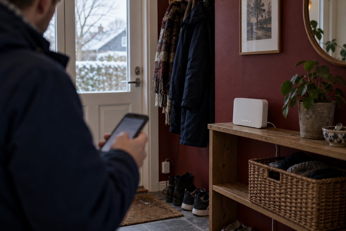 En besøgende med telefon i en entré med en router på en åben hylde.