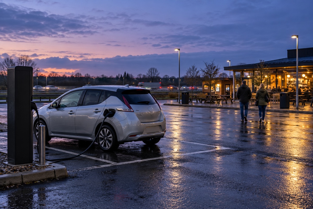 En elbil ved en ladestander på en våd rasteplads i skumringen.