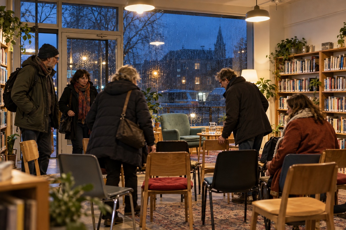 Besøgende finder pladser i et lille bibliotekslokale før et arrangement.