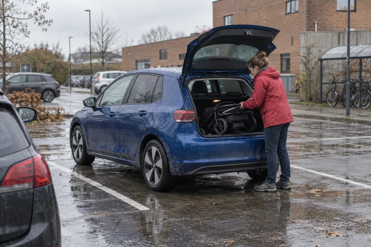 En kvinde afprøver pladsen til en klapvogn i bilens bagagerum på en regnvåd parkeringsplads
