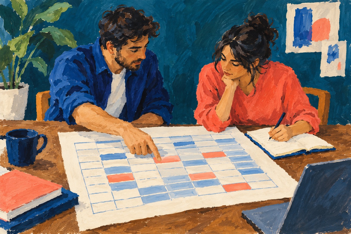 Malet illustration af to kolleger, der gennemgår et regneark sammen.