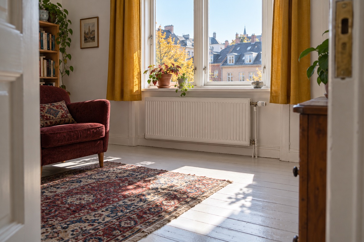 En fritstående radiator under et vindue med gule gardiner og en rød lænestol ved siden af
