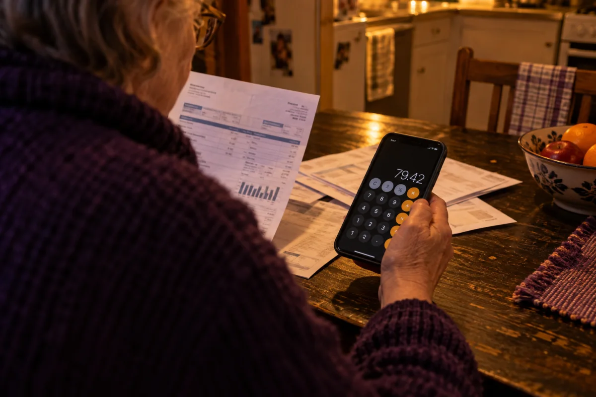 En person sammenholder en regning med en lommeregner på telefonen