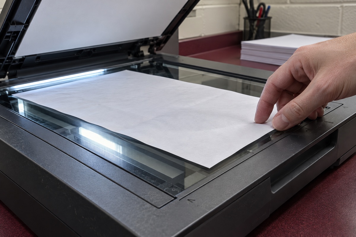 En hånd placerer et dokument på glaspladen i en scanner