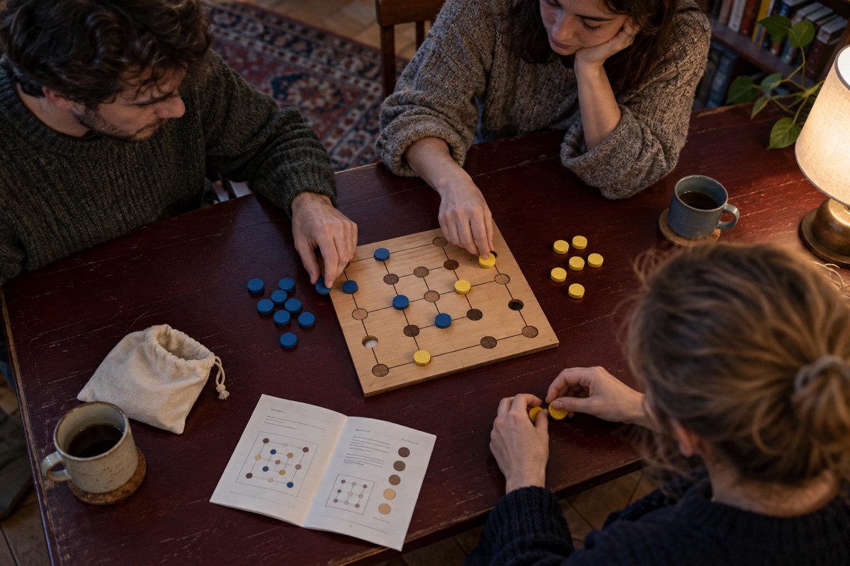 Hænder sætter et brætspil med træbrikker op på et bord.