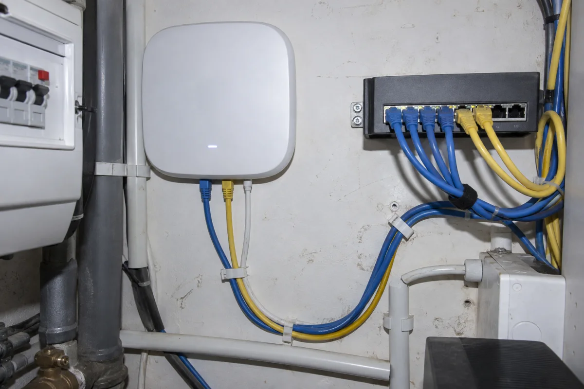 Access point og netværksswitch med blå og gule kabler i et teknikskab
