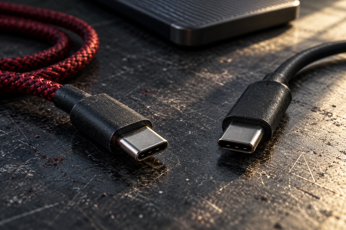 To USB-C-stik med rødt og sort kabel på en mørk arbejdsflade.