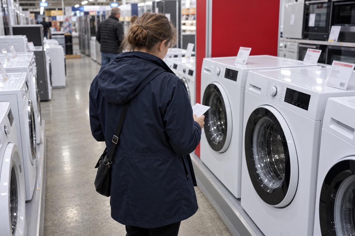 En kunde sammenligner vaskemaskiner i en hvidevarebutik